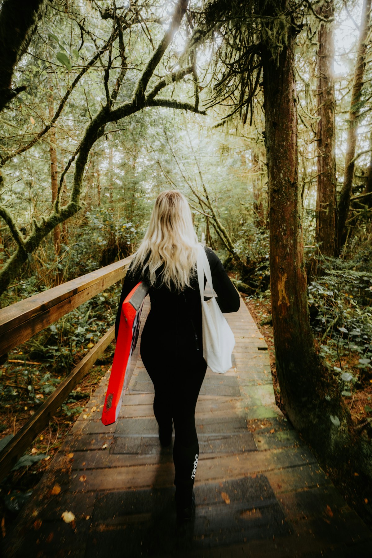 A person walking along a wooded path